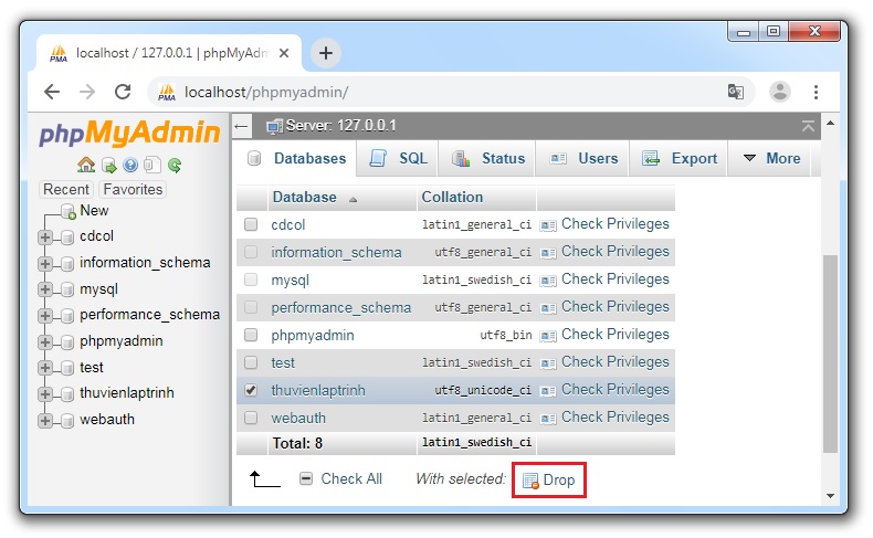 cách xóa cơ sở dữ liệu trong mysql